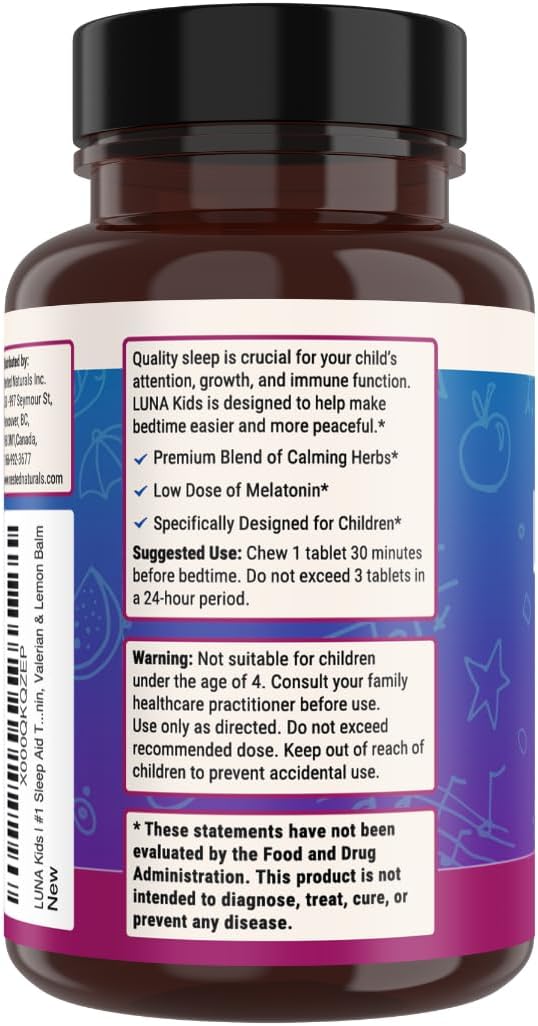 LUNA Kids | #1 Sleep Aid Tablets for Children 4+ and Sensitive Adults | Naturally Sourced Ingredients | 60 x Chewable Pills | Gentle, Herbal Supplement with Chamomile, Melatonin, Valerian & Lemon Balm