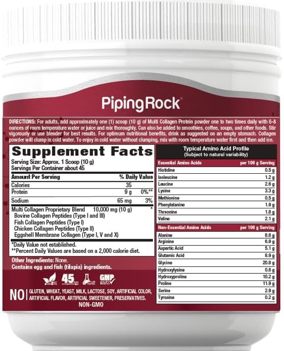 Piping Rock Multi Collagen Protein Powder | 16 oz Unflavored | 10,000mg Peptides Complex | Type i, ii, iii, v, x | Gluten Free, Non-GMO Supplement