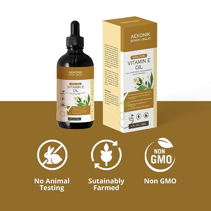 Organic Vitamin E Oil - Essential Pure Vitamin E Oil For Body Care and Skin Care - 4-Oz Bottle for Dry Skin, Wrinkles, Stretch Marks, Acne & Anti-Aging
