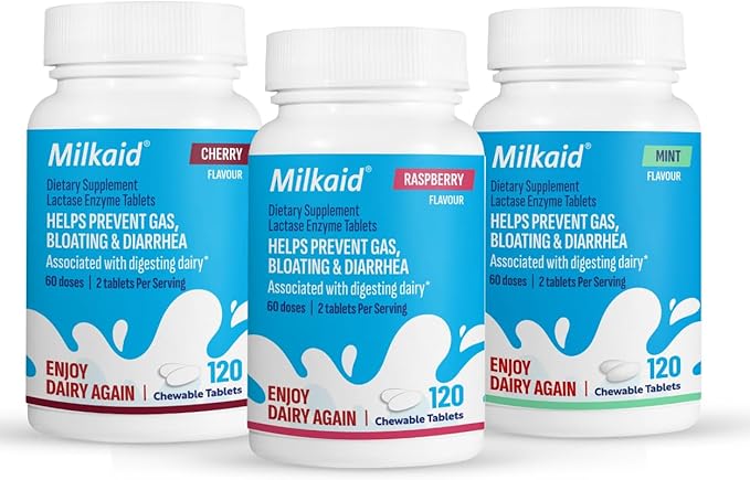 Milkaid Chewable Lactase Enzyme Tablets Bundle – Raspberry, Mint & Cherry Flavors – 6000 ALU per Dose – Fast-Acting Relief for Lactose Intolerance (360 Tablets)