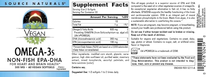 Source Naturals Vegan Omega-3s, Non-Fish EPA-DHA, for Heart and Brain Health Support* 300 mg - 60 Vegan Softfgels