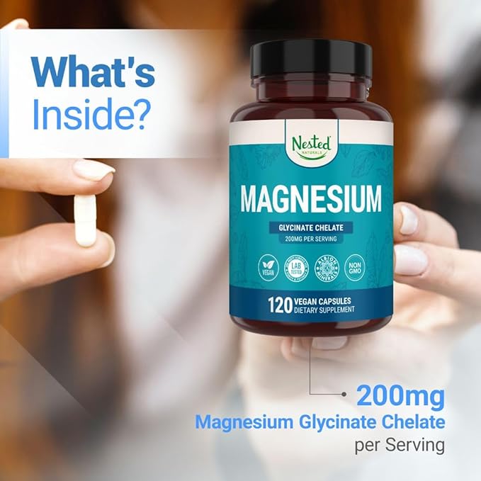 Nested Naturals Magnesium Glycinate Chelate - 200mg Chelated Magnesium Supplement for Muscle Cramps, Relaxation, & Sleep Support - 100% Albion TRACCS Buffered Magnesium Glycinate - 120 Vegan Capsules