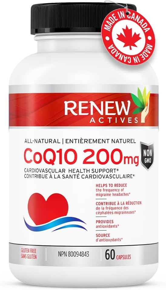 Renew Actives CoQ10 Ubiquinone Supplement 200MG per Serving – Supports Heart Health, Migraine Relief, Immune System Boost Antioxidant Support & Energy – High Potency, Made in Canada - 60 Capsules