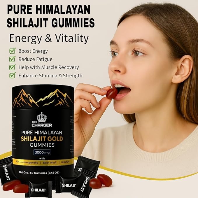 Pure Himalayan Shilajit Gummies Gold with KSM 66 Ashwagandha, Gokshura, Black Musli | Fulvic Acid & 85+ Trace Minerals | Shilajit for Men, Women | 100% Natural and Organic | 60 Gummies