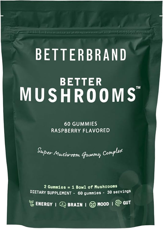 Betterbrand BetterMushrooms Mushroom Gummies to Support Gut Health, Metabolism, Energy, Focus - Lion's Mane, Cordyceps, Chaga & Maitake Mushroom Supplement - Maintains Healthy Immune System