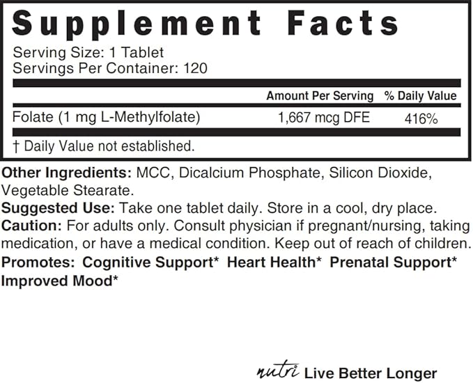 Nature's Fusions Nutri 5-MTHF L Methylfolate 1MG - 4 Month Supply, 120 Vegan Tablets - Methylated Folate Supplement - Cognitive Function, Heart Health, Prenatal Support - Methylated Folic Acid