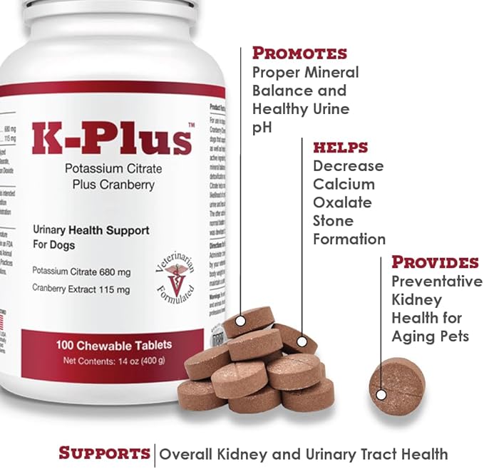 K-Plus Potassium Citrate Plus Cranberry Supplement for Dogs - UTI Remedy Chewable Tablets - Supports Bladder Health - for Every Dog Breed, 200 Chewable Tablets