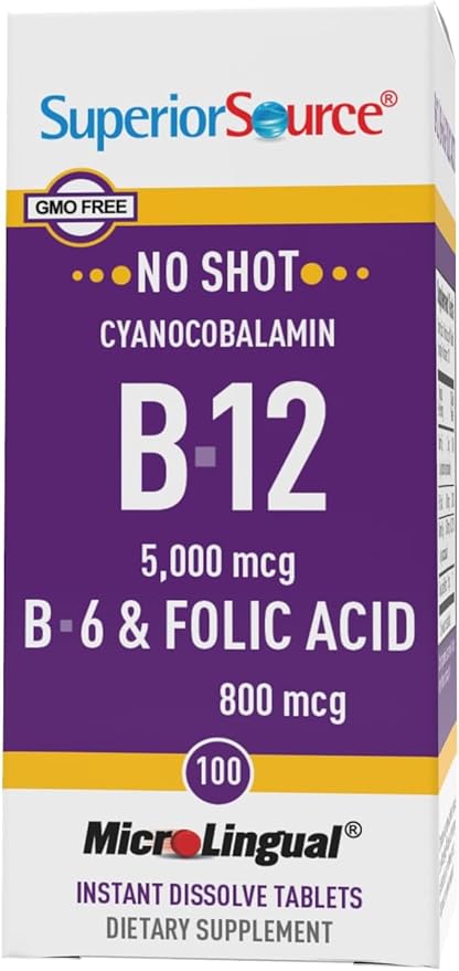 Superior Source No Shot Vitamin B-12 Cyanocobalamin 5000 mcg, B-6, Folic Acid 800 mcg - Support Brain & Heart Health - Aids Natural Energy Levels - 100 Sublingual Dissolving Tablets