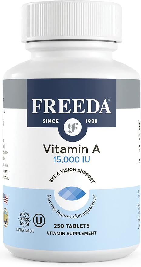 Freeda Vitamin A 15,000 IU – Retinyl Palmitate – Vegan, Kosher, No Fish – Eye, Vision, Immune & Skin Support – Tiny Easy-to-Swallow Tablets – VIT A Vitamina A Supplement – 250 Tablets