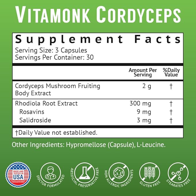 VitaMonk Cordyceps Mushroom Capsules with Rhodiola, 2 Grams of Cordyceps Mushroom Enhanced with Rhodiola - Boost Energy, Fight Stress, Enhance Performance, Non-GMO - 2000mg - 90 Caps