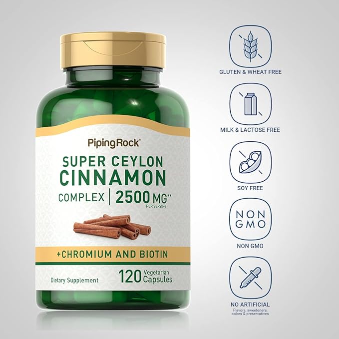 Piping Rock Ceylon Cinnamon Capsules 2500 mg | 120 Pills | Complex Supplement with Chromium and Biotin | Vegetarian, Non-GMO, Gluten Free