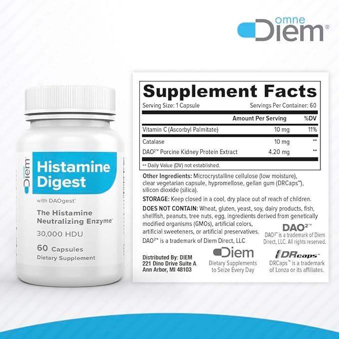 Omne Diem DAO 30,000 HDU - 60 Caps - Histamine Neutralizing Enzyme - Relieve Histamine Intolerance with Diamine Oxidase - The Original Tested DAO Enzyme Supplement