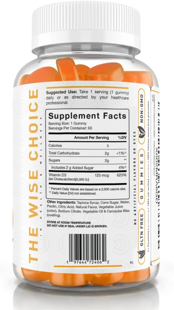 Vitamin D3 5000 iu Gummies – Daily Supplement for Bone & Immune Health, and Joint Muscle Support for Adults & Kids, Gluten Free, Non-GMO (60 Count)