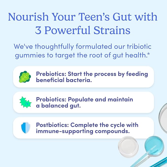 FIRST DAY Teens’ Gut Sustainer Tribiotic Gummies – 3-in-1 Prebiotic, Probiotic & Postbiotic Supplement – Supports Digestive, Skin, Oral & Immune Health, Nutrient Absorption & Growth – 30-Day Supply