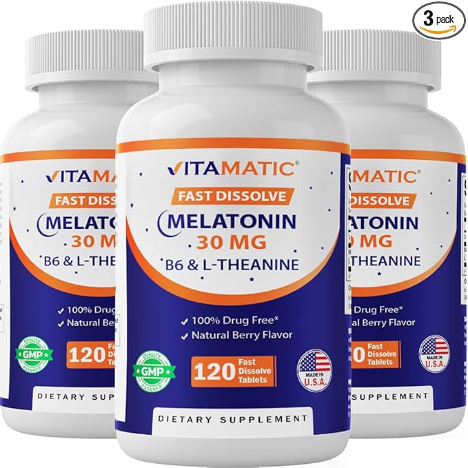 Vitamatic Melatonin 30 mg - with B6 & L-Theanine - 120 Fast Dissolve Tablets with Natural Berry Flavor (2 Tablets Dose = Melatonin 60 mg) (120 Count (Pack of 3))