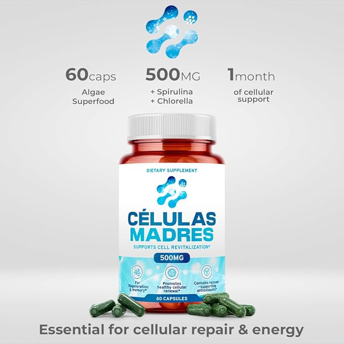 Stem Cell Supplements 500mg (120 Cap) Natural Anti-Aging & Longevity Support with Spirulina & Chlorella, Boost Cellular Renewal, Restore Youthful Energy, Reduce Joint Soreness – Celulas Madre