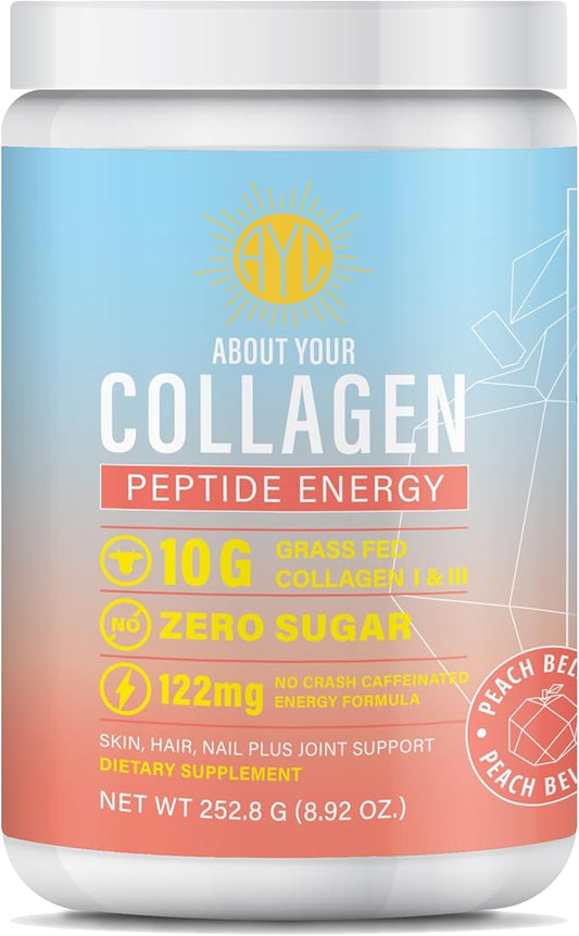 Peptide Energy Collagen Powder Hair, Nail, Skin, Type I & III,Caffeine for Energy, Vitamin C, Biotin, Hyaluronic Acid, Zero Sugar – 8.92 oz (Peach Bellini)