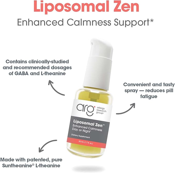 Allergy Research Group Liposomal Zen - L-Theanine Liquid Supplement, GABA Calming Support, Sleep Liposomal, Day or Night, Sunflower Phospholipids, Fast-Acting Zen Formula - 1.7 Fl Oz