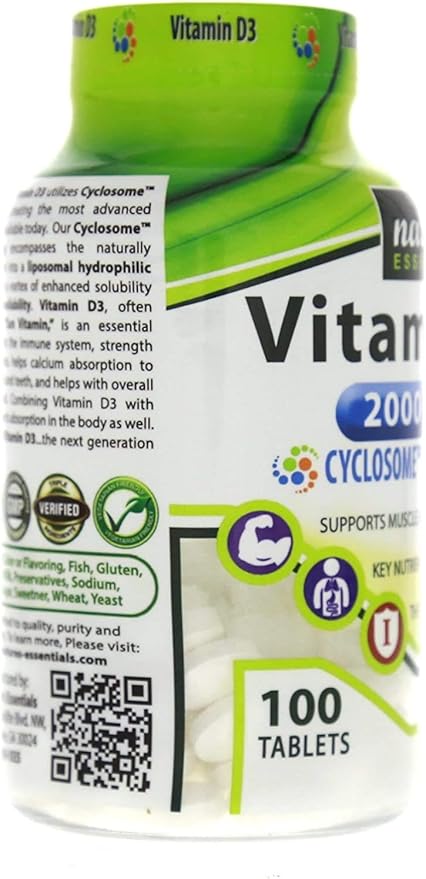 NATURE'S ESSENTIALS Vitamin D3 2000IU | Immune Support | Advanced Cyclosome Liposomal Delivery | Non-GMO, Gluten Free, Vegetarian | 100 Tablets
