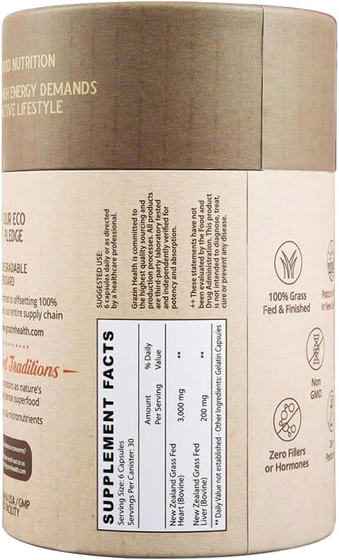 Grass Fed Bovine Heart: 3000 Mg Heart/ 200 Mg Liver/Serving (30 Servings)