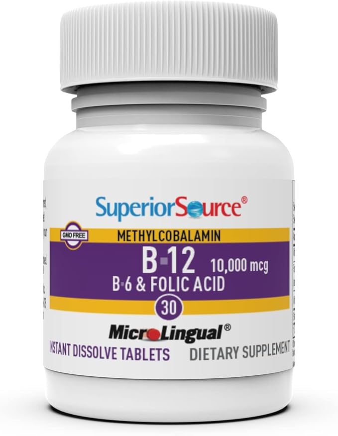 Superior Source No Shot Vitamin B-12 Methylcobalamin 10000 mcg, B-6 & Folic Acid 1200 mcg - Supports Brain & Heart Health - Aids Natural Energy Levels - 30 Sublingual Dissolving Tablets