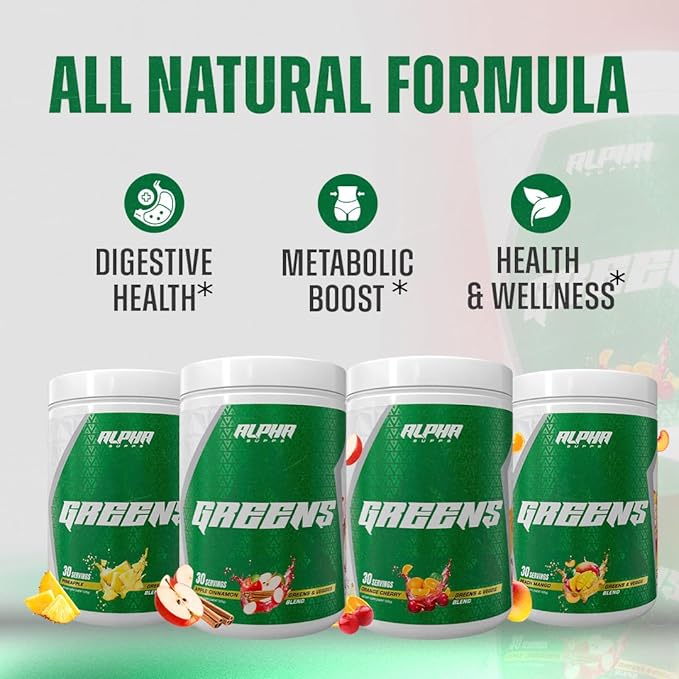 Alpha Greens Supplement | Fruit & Vegetable Superfood Powder | Over 40 Natural Plant Based Ingredients | Prebiotic & Probiotic Digestive Support Blend - 30 Servings (Peach Mango)