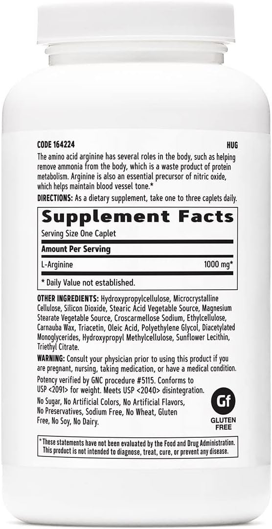GNC L Arginine 1000mg Supplement, Supports Healthy Blood Vessel Tone, 180 Servings