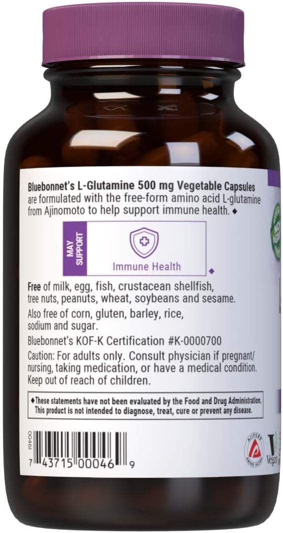 Bluebonnet Nutrition L-Glutamine 500mg, Supports Immune Function*, Nitrogen Transporter*, Soy-Free, Gluten-Free, Non-GMO, Kosher Certified, Vegan, 100 Vegetable Capsules, 100 Servings