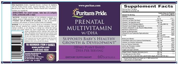 Prenatal Multivitamin with DHA, Supports Baby's Growth and Development**, 60 Softgels, by Puritan's Pride®