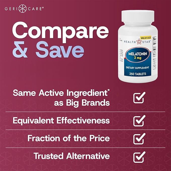 GeriCare Melatonin 3mg Tablets, Balances Nighttime Routine - Helps Adjust to Changing Schedules - Promotes Restful Evenings – Easy-to-Take Tablets, 250 Count (Pack of 1)