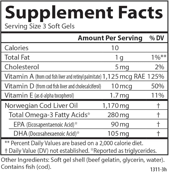 Carlson - Cod Liver Oil Minis, 280 mg Omega-3s + Vitamins A & D3, Heart Support & Cognitive Function, Vision Health, 100 Mini Softgels