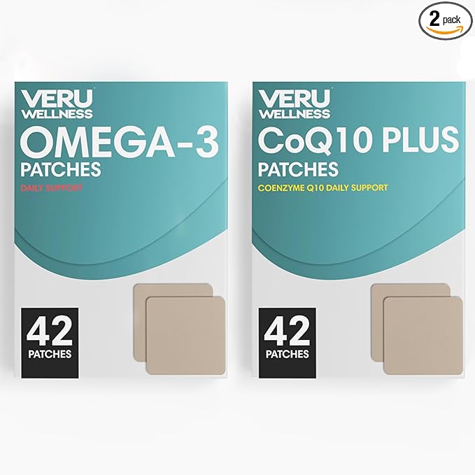 Veru Wellness Cardiovascular & Brain Strength Duo Lifestyle Patches Omega3 Coenzyme Q10 - Self Adhesive Time Release Topical Patch, 8-10 Hours (42 Day Supply)
