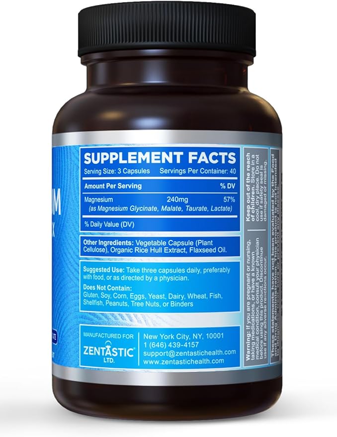 Zentastic Magnesium Complex - 360 Magnesium Capsules - Chelated Magnesium Glycinate, Malate, Taurate & Lactate - Support Bones, Muscles