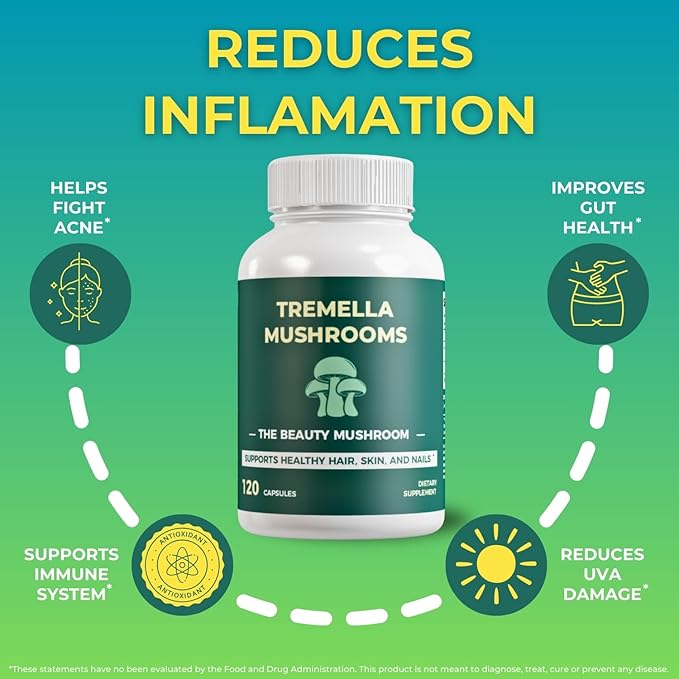 Tremella Mushroom Extract Capsules 1000mg | Snow Mushroom (Tremella fuciformis) Supplement for Skin, Hair, Nails, Healthy Joints, Brain Health, Immunity | 120 Vegan Capsules, Non-GMO