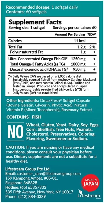 LABO Nutrition OmaxPure DHA76 Omega 3 Fish Oil, Ultra-Concentrated 76% 950mg DHA, EPA, 60 Count, Pharmaceutical Grade, Supercritical CO2 Extracted rTG Form, for Heart, Joint, Brain & Immune Health
