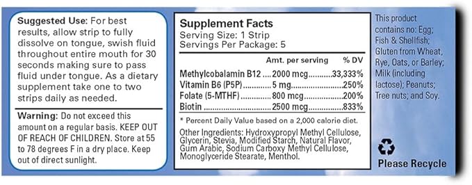 2,000 mcg Methylcobalamin Vitamin B12 Sublingual Energy Strips | Biotin, B6, 5-MTHF L-Methylfolate | Sublingual B12 Vitamins, Folate | Energy, Brain Health, Nerve Function - 5 Strips