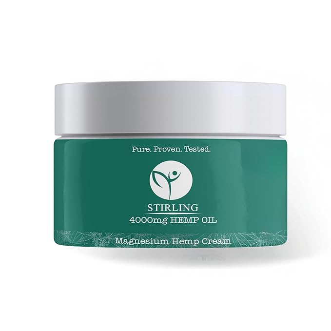 STIRLING Magnesium Cream - 4000mg Hemp Oil + Magnesium & Arnica - Promotes Relief for Joint and Muscle Discomfort, Back Support, and More - Made in USA with Premium Ingredients
