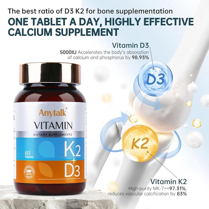 Vitamin D3 K2 Supplement with Vitamin D3 (5000 IU), K2 & MCT Oil - Non-GMO, Gluten-Free, Easy to Swallow Capsules for Bone Health, Heart & Immune Support, 60 Softgels