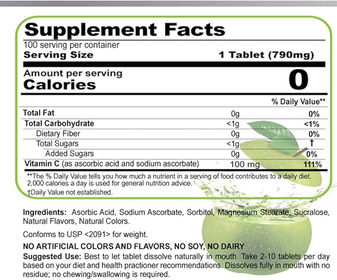 Vitamin C 100 mg Buccal Lozenge Tablets – Slow-Dissolving, Controlled Release & Fast Absorption, Natural Apple, Immune Boost, Antioxidant & Anti-Aging, Sugar-Free, 100 CT