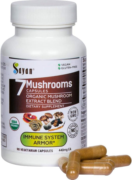 Sayan 7 Mushroom Extract 90 Capsules/440mg ea – Immune Support & Energy – Organic Chaga, Reishi, Lion's Mane, Maitake, Shiitake, Turkey Tail Adaptogen Blend – Vegan, Non-GMO, No Fillers or Additives