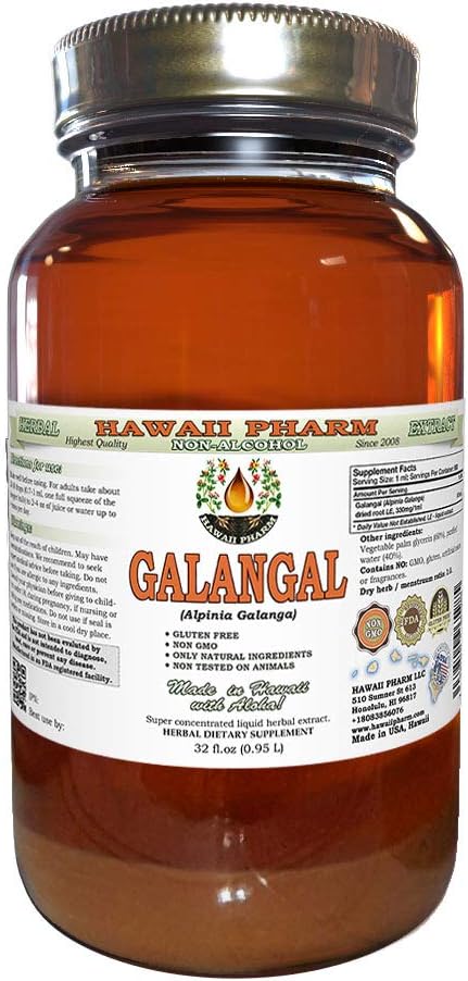 Galangal Root Alcohol-Free Liquid Extract, Organic Organic Galangal (Alpinia Galangal) Dried Root Glycerite Hawaii Pharm Natural Herbal Supplement 32 oz Unfiltered