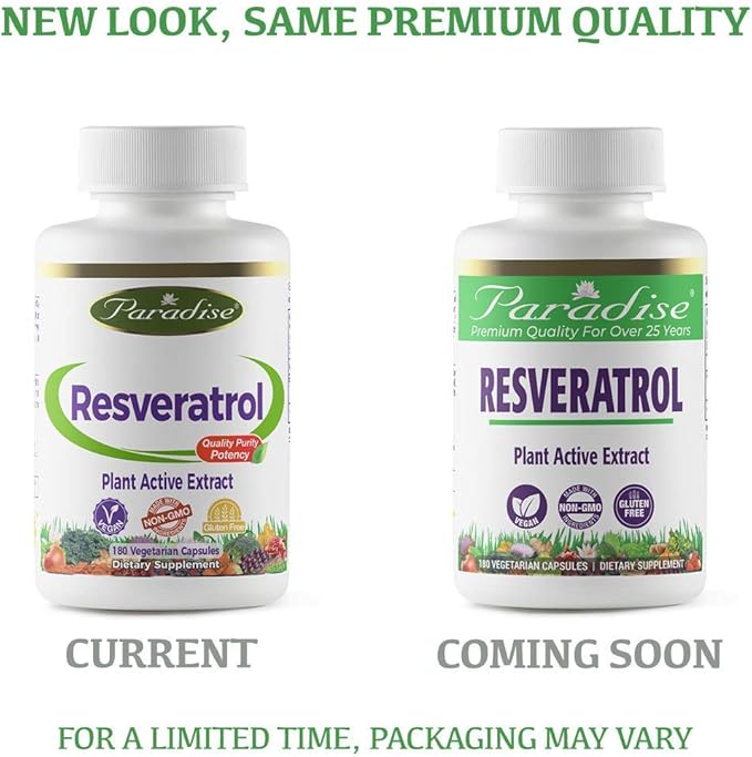 Paradise Herbs Resveratrol, Antioxidant, Super Potent, Ultra Pure, Vegan, Non GMO, Gluten Free, 180 Vegetarian Capsules
