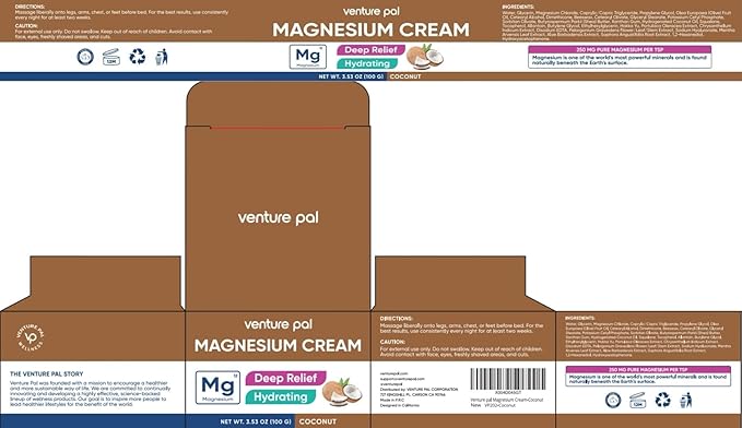 Venture Pal Magnesium Lotion, Topical Magnesium Cream for Sleep, Leg Cramps & Pain, Muscle Relaxation, Calm, Moisturizing Supplement with Coconut Oil, Shea Butter & Hyaluronic Acid, Safe for Kids