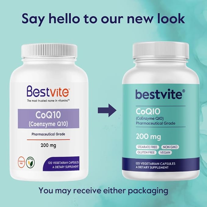 BESTVITE CoQ10 200mg (120 Vegetarian Capsules) Naturally Fermented - No Stearates - Vegan - Gluten Free - Non GMO