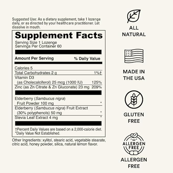 Immunity Lozenge w/Elderberry, Zinc & D3 | Immune Support Supplement for Men, Women & Kids | Non-GMO, Gluten & Caffeine Free | 60 Lozenges