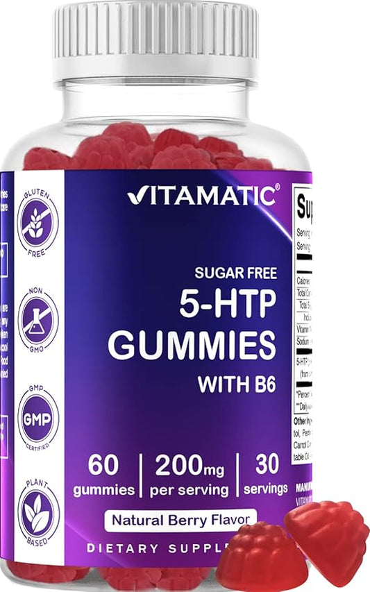 Vitamatic Sugar Free 5-HTP 200mg Gummies with B6 – 60 Pectin-Based Gummies – Mood Support & Stress Relief