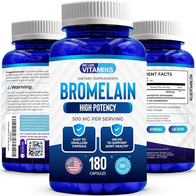 We Like Vitamins Bromelain 500mg Capsules - 1200 GDU/Serving - Bromelain Supplement from Pineapple Extract - Proteolytic Enzymes for Digestion, Absorption, Joint Pain, Muscle Soreness - 180 Capsules
