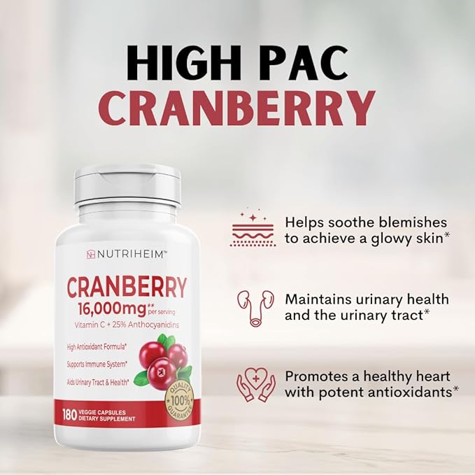 Cranberry Extract Pills Supplement 25% Proanthocyanidins with Vitamin C - Urinary Tract, Skin, Immune Support - 180 Veggie Capsules - Non-GMO, Gluten-Free, Vegan Friendly