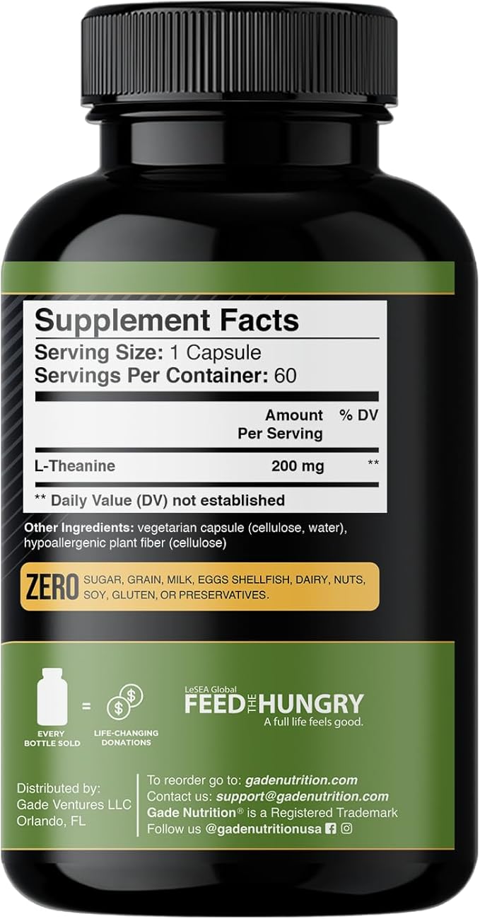 Gade Nutrition L-Theanine 200mg | L Theanine 200 mg | L Theanine Supplement in Vegetable Capsules | Made in USA | Take 2 Capsules for L Theanine 400mg