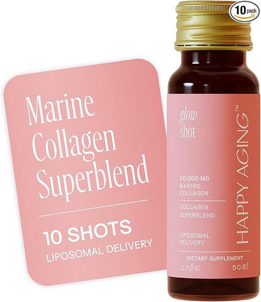 Marine Collagen Peptides Glow Shot 10,000mg - Liposomal Delivery for Women - Promotes Skin Hydration, Elasticity & Radiance - Supports Hair & Nails - Ready-to-Drink, Non-GMO, 10 Shots
